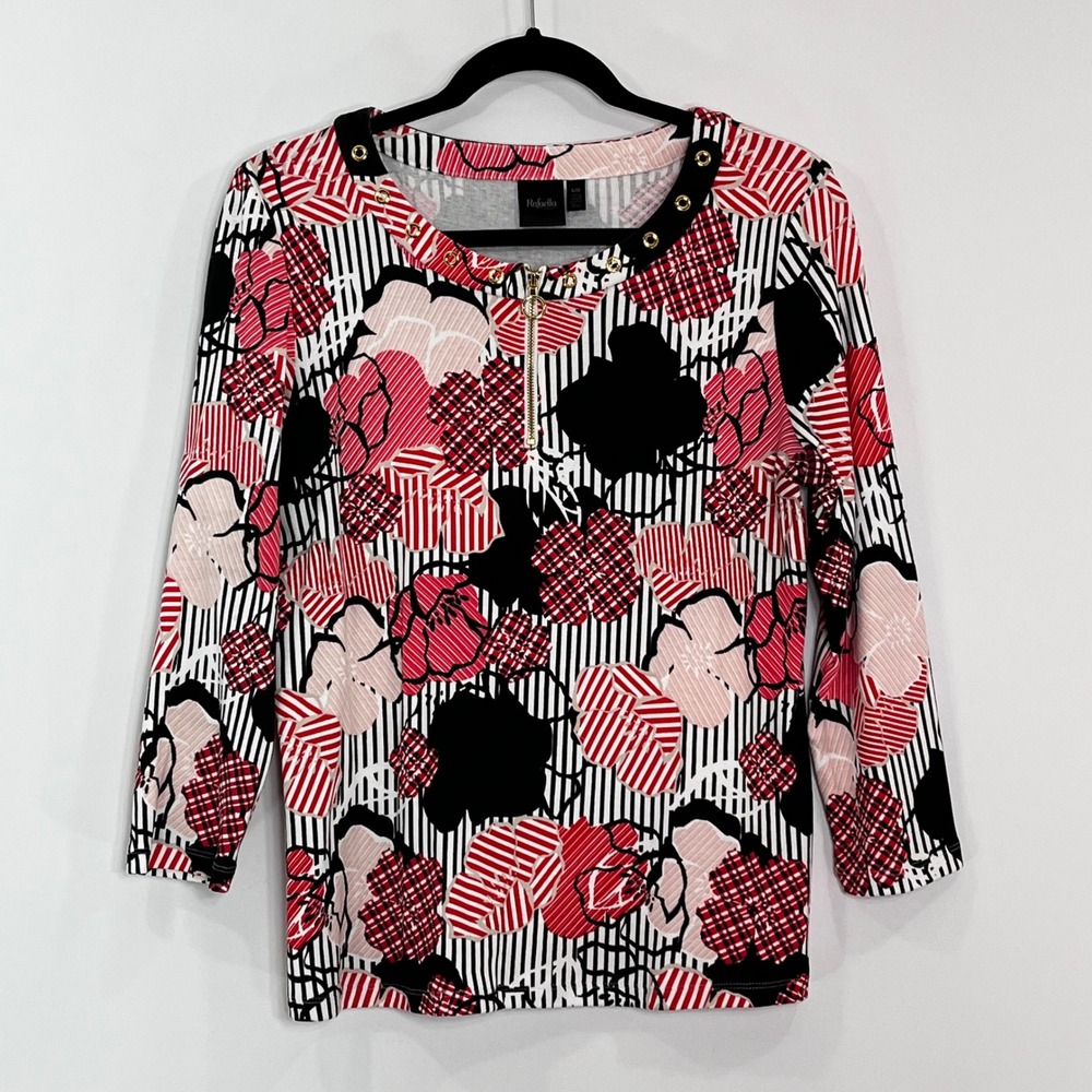 Rafaella Womens Red Black Floral Striped 3/4 Sleeve Quarter Zip Cotton Top L